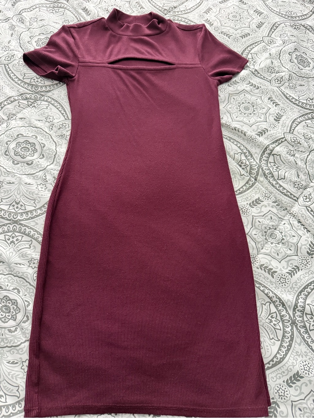 No Boundaries Burgundy Rib Knit Midi Dress with Front Keyhole